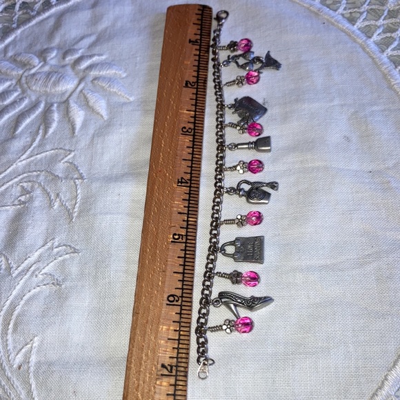 Silvertone charm bracelet with feminine charms and rd pink glassbeads $15 - Picture 6 of 7
